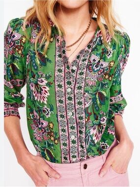 Boden Green Floral Print V-Neck Peasant Blouse Linen